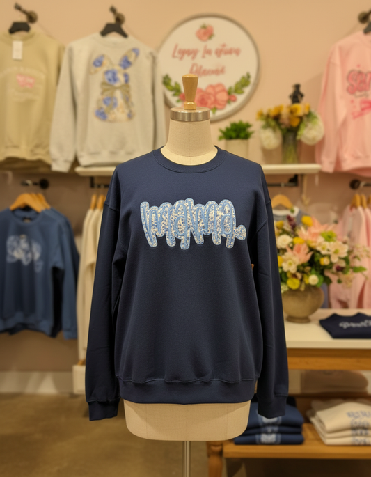 "Mama" Sweatshirt with Custom Sleeve Option Navy Applique'